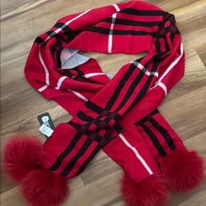 Red and Black Striped Scarf with Pom Poms